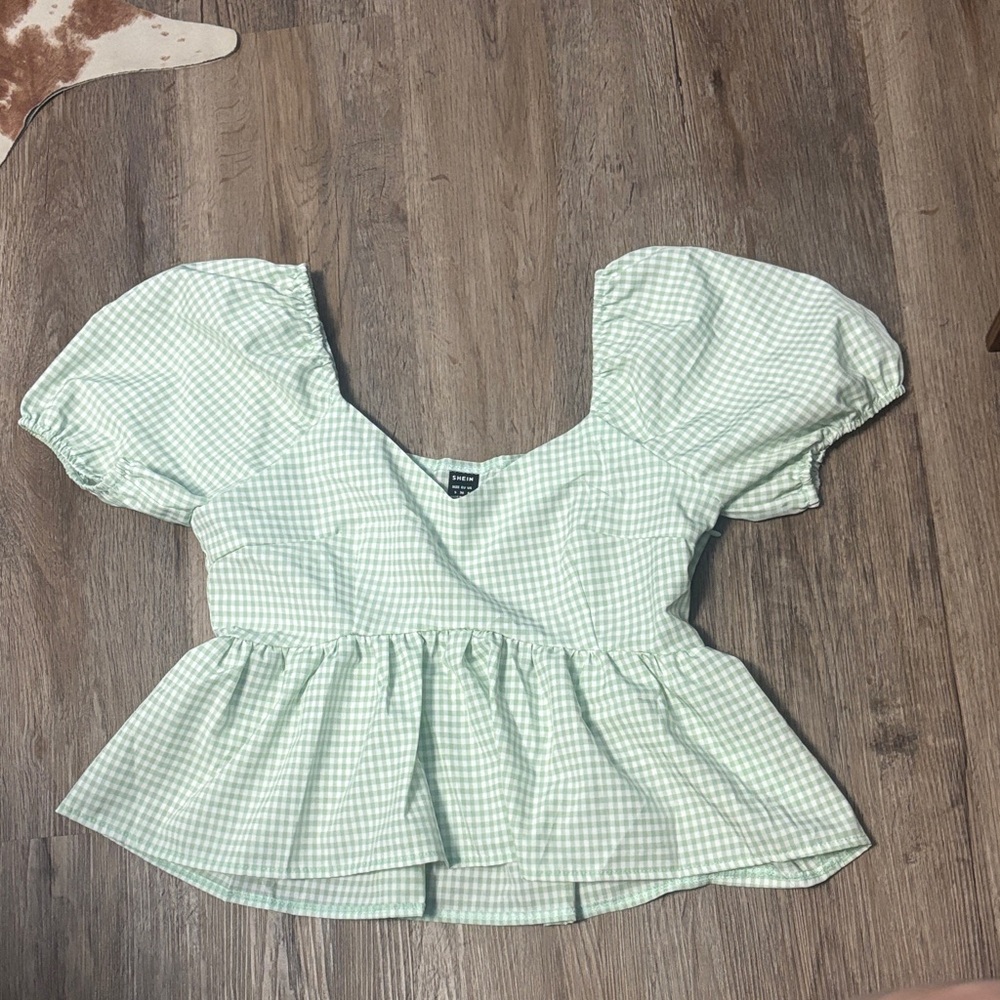 SHEIN Mint Gingham Puff Sleeve Blouse